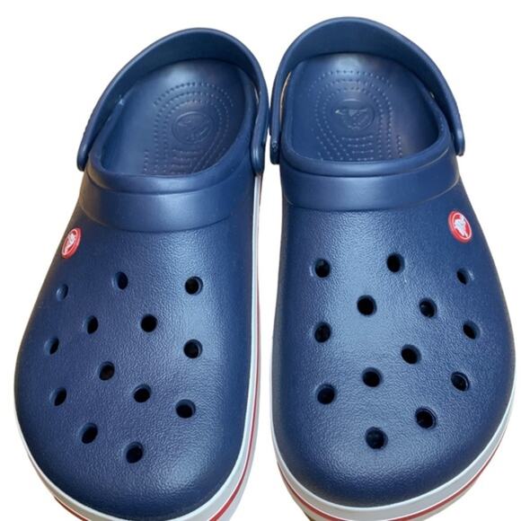 Crocs unisex navy white red ankle strap size women’s 12‎ mens 10. - Picture 1 of 7